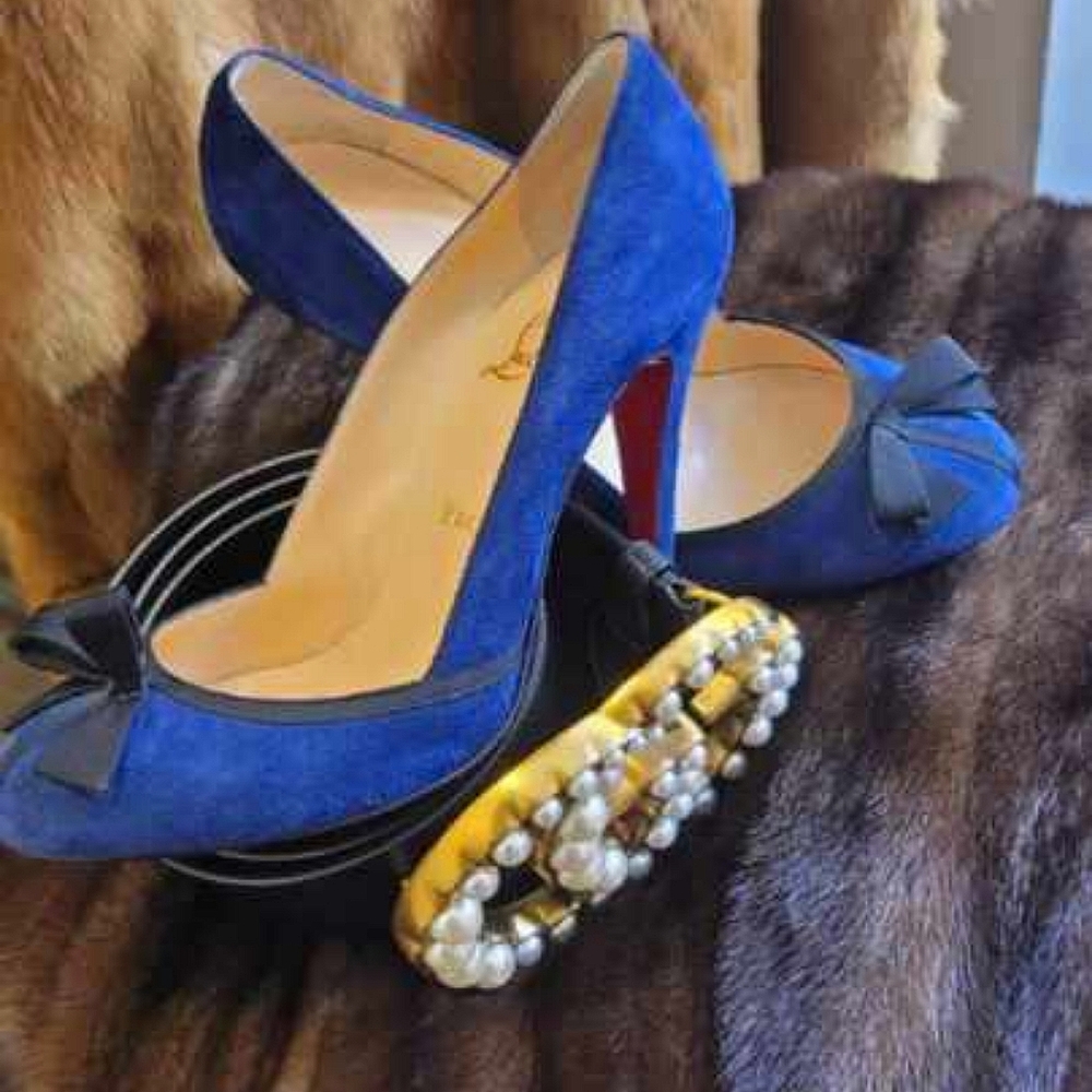 Louboutin Royal Navy Suede/Black Ribbon Bow
